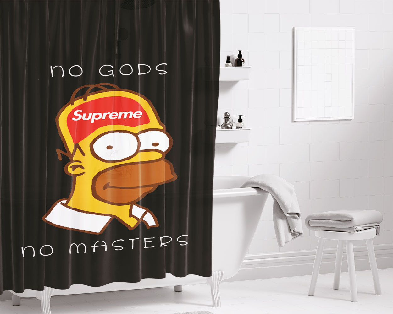 Homer Simpson Supreme No Gods No Masters Black Bathroom Shower Curtain Fabric Waterproof | 66 X 72 Inch