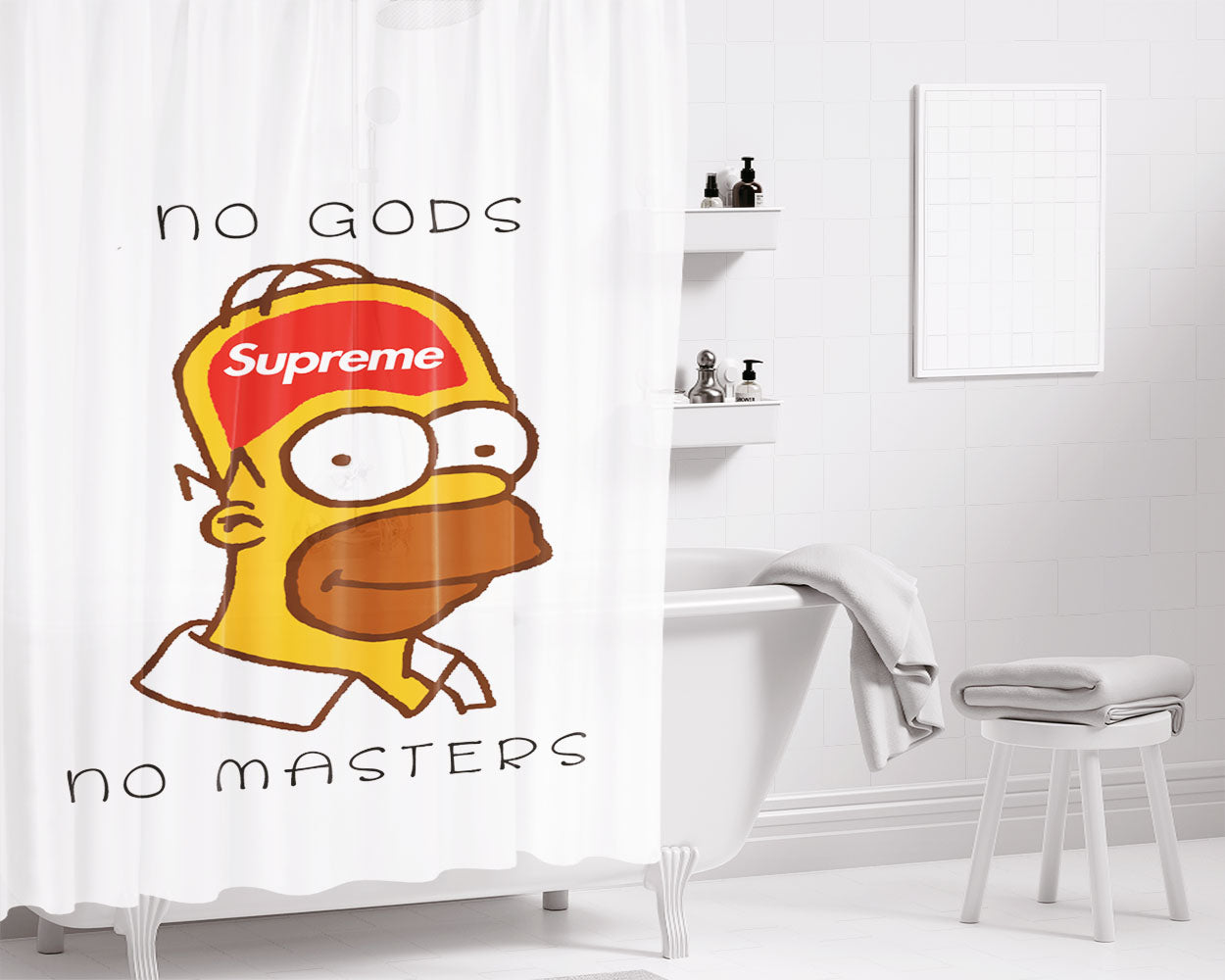 Homer Simpson Supreme No Gods No Masters White Bathroom Shower Curtain Fabric Waterproof | 66 X 72 Inch