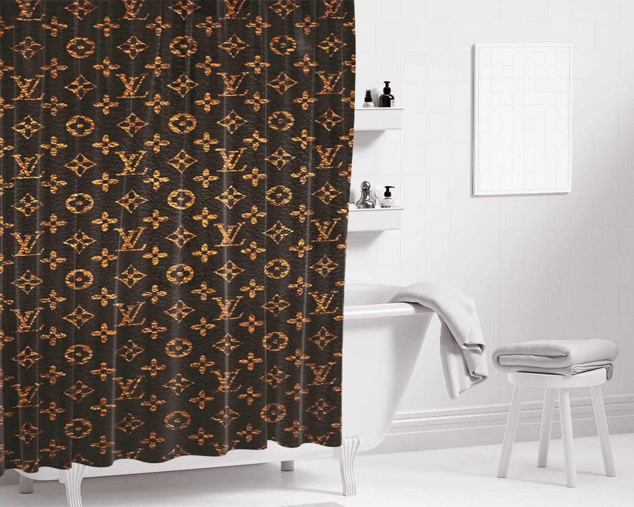 Louis Vuitton Pattern Brown Gold Bathroom Shower Curtain Fabric Waterproof | 66 X 72 Inch