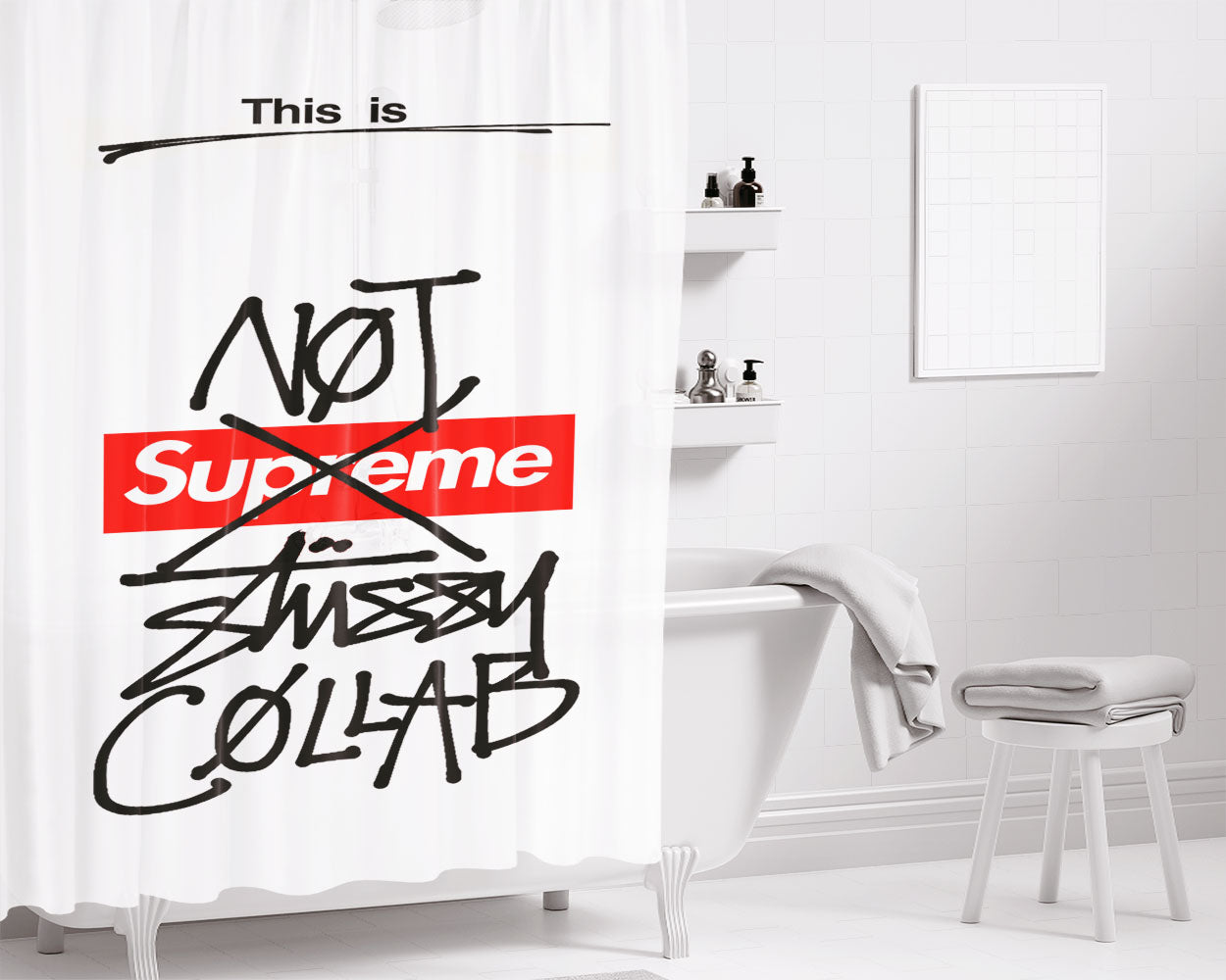Not Supreme Stussy Collab Bathroom Shower Curtain Fabric Waterproof | 66 X 72 Inch