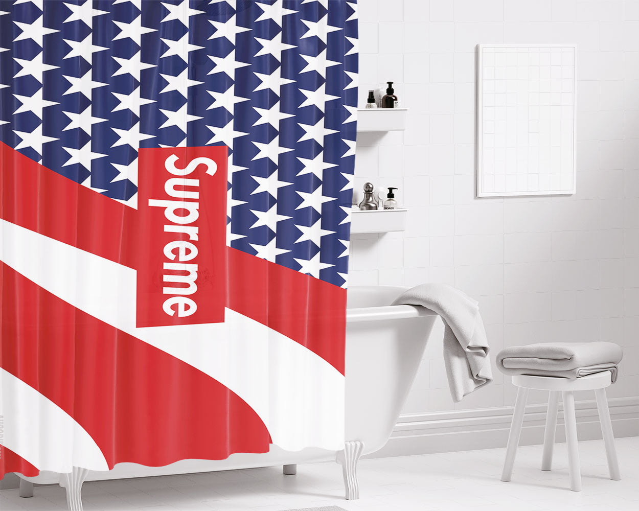 Supreme American Flag Logo Bathroom Shower Curtain Fabric Waterproof | 66 X 72 Inch