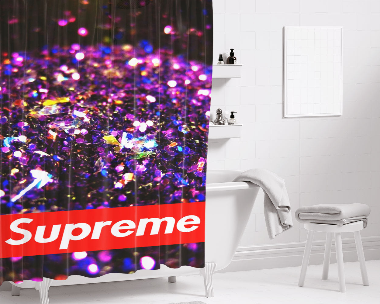 Supreme Black And Purple Glitter Bathroom Shower Curtain Fabric Waterproof | 66 X 72 Inch