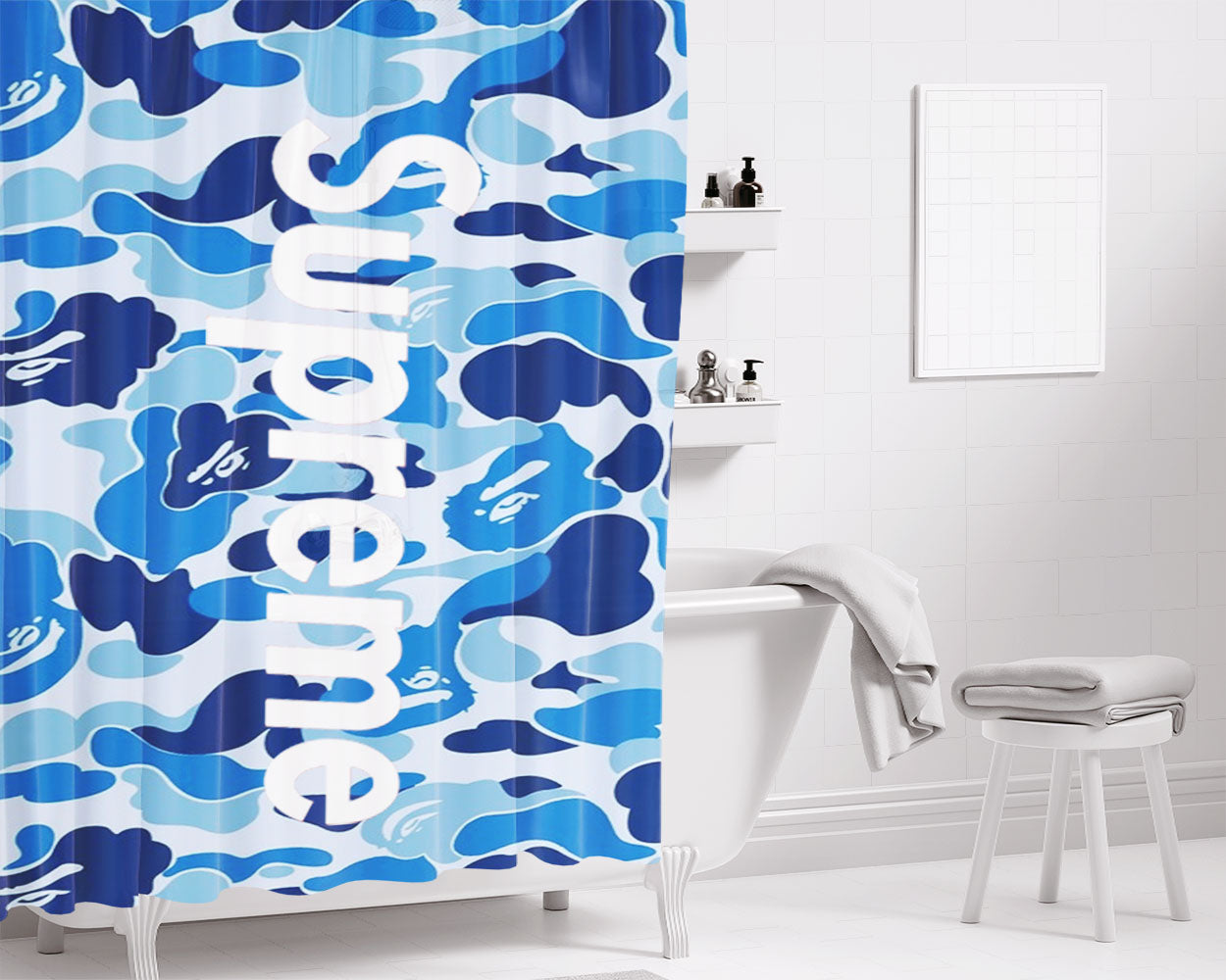 Supreme Blue Bathroom Shower Curtain Fabric Waterproof | 66 X 72 Inch