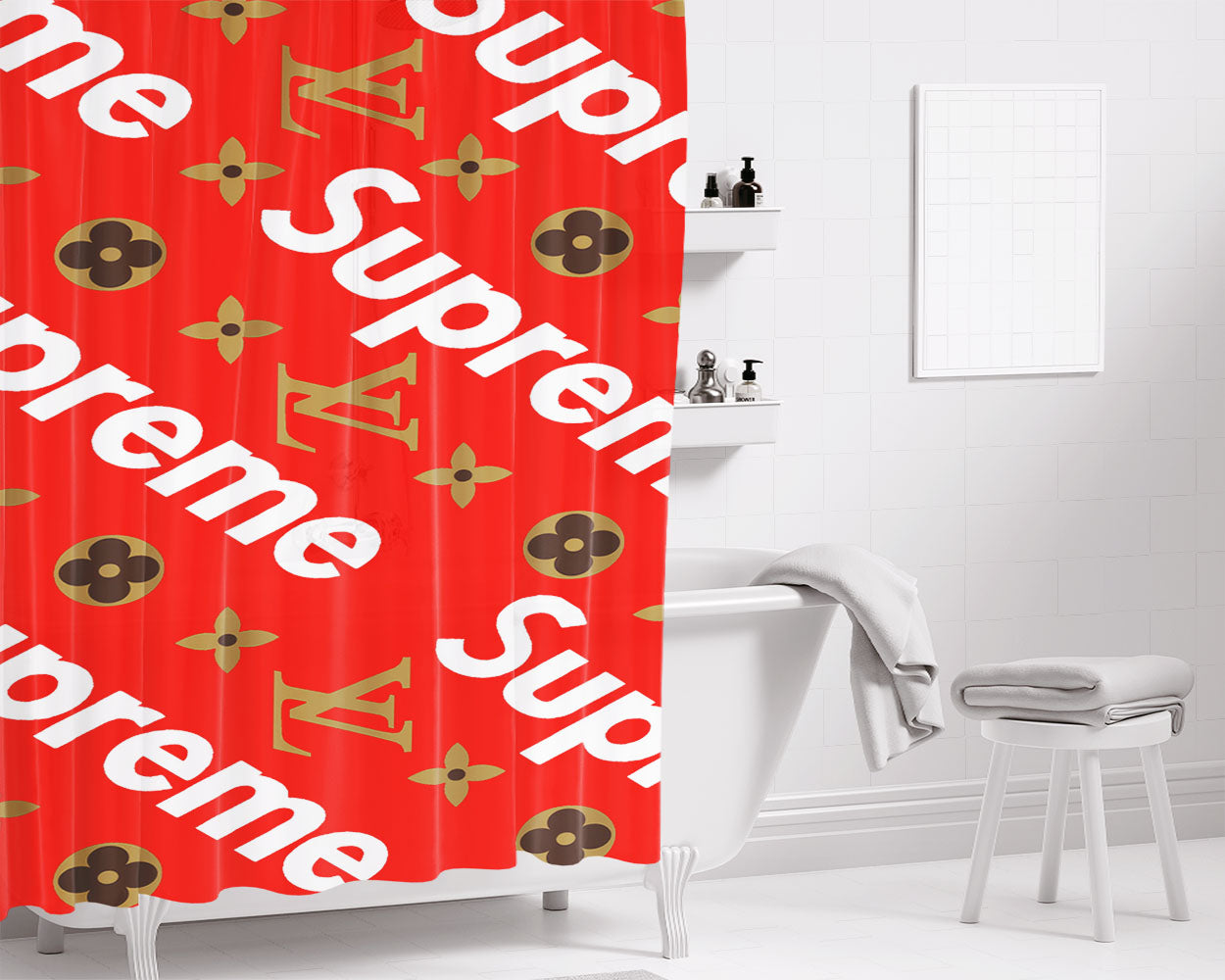 Supreme Doodle X Lv Red Bathroom Shower Curtain Fabric Waterproof | 66 X 72 Inch