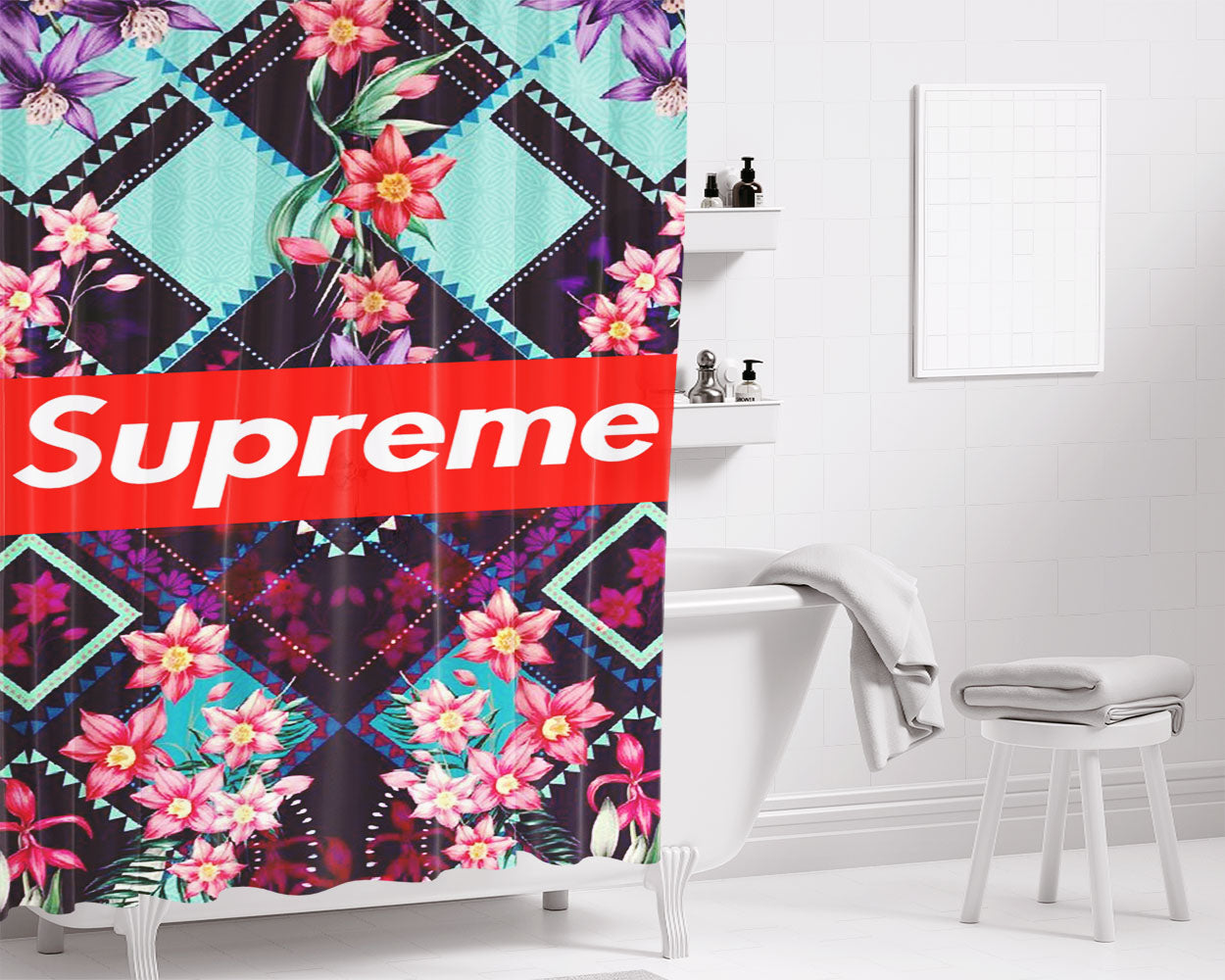 Supreme Flower Art Bathroom Shower Curtain Fabric Waterproof | 66 X 72 Inch