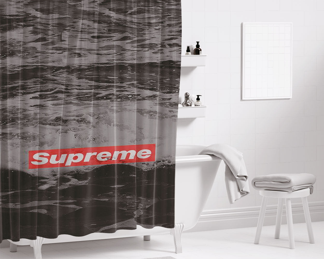 Supreme Logo Ocean Bathroom Shower Curtain Fabric Waterproof | 66 X 72 Inch