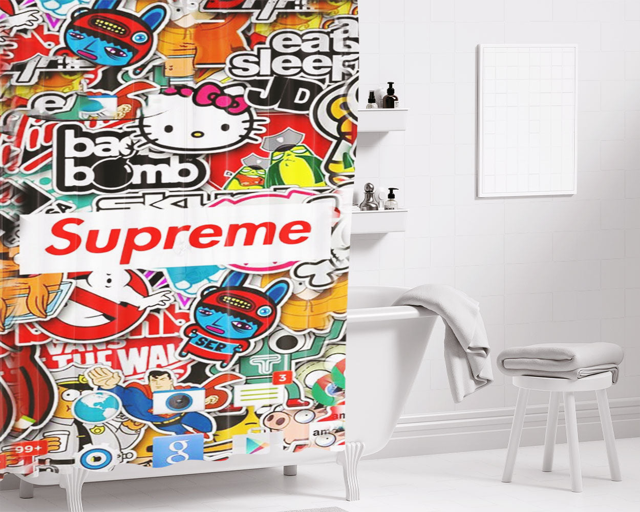 Supreme Sticker Bomb Bathroom Shower Curtain Fabric Waterproof | 66 X 72 Inch