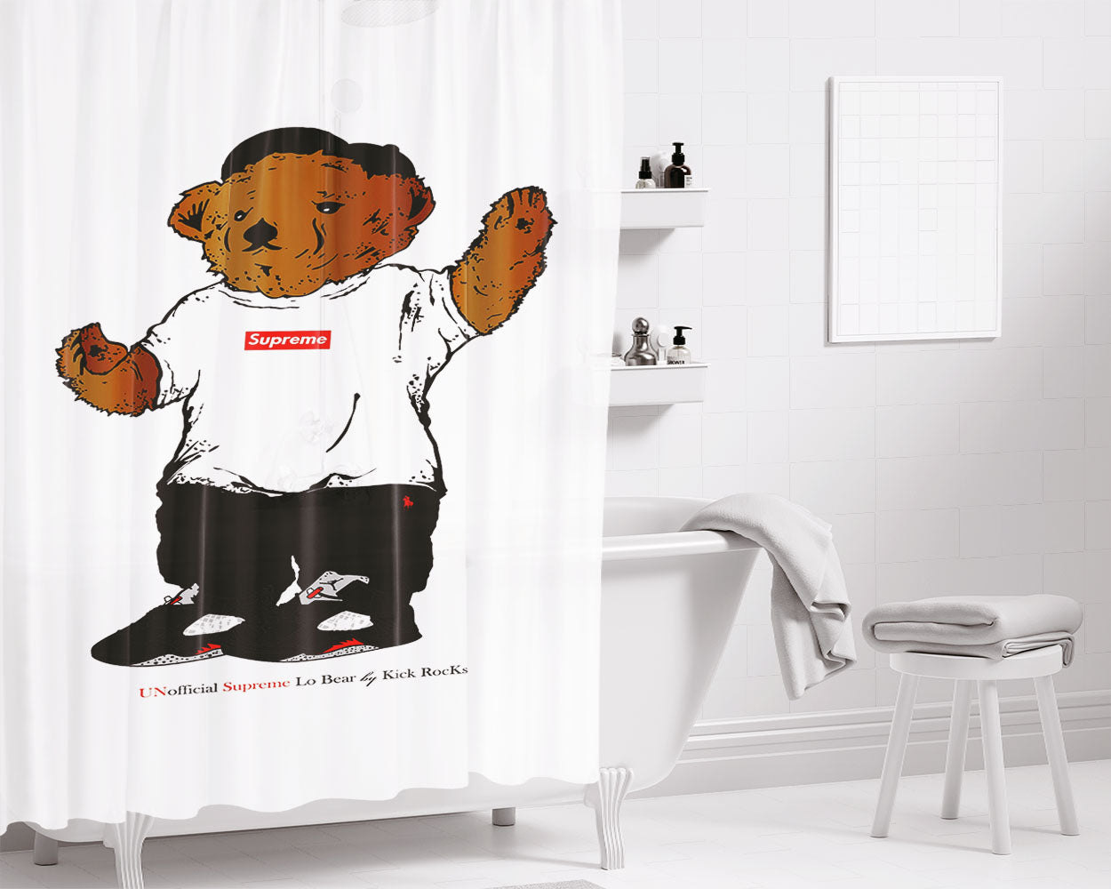 Supreme Unofficial Lo Bear Kick Rocks Bathroom Shower Curtain Fabric Waterproof | 66 X 72 Inch