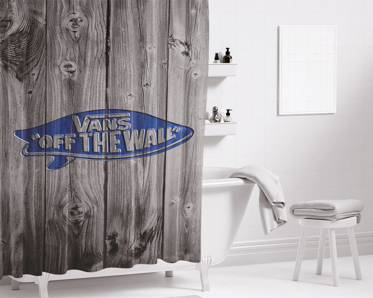 Vans Off The Wall Logo Dark Wood Bathroom Shower Curtain Fabric Waterproof | 66 X 72 Inch