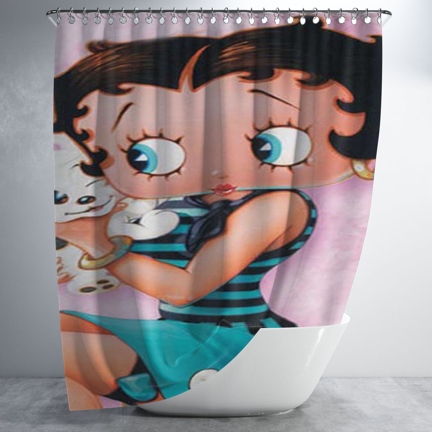 Betty Boop Holding Puppy Bathroom Shower Curtain Fabric Waterproof | 66 X 72 Inch