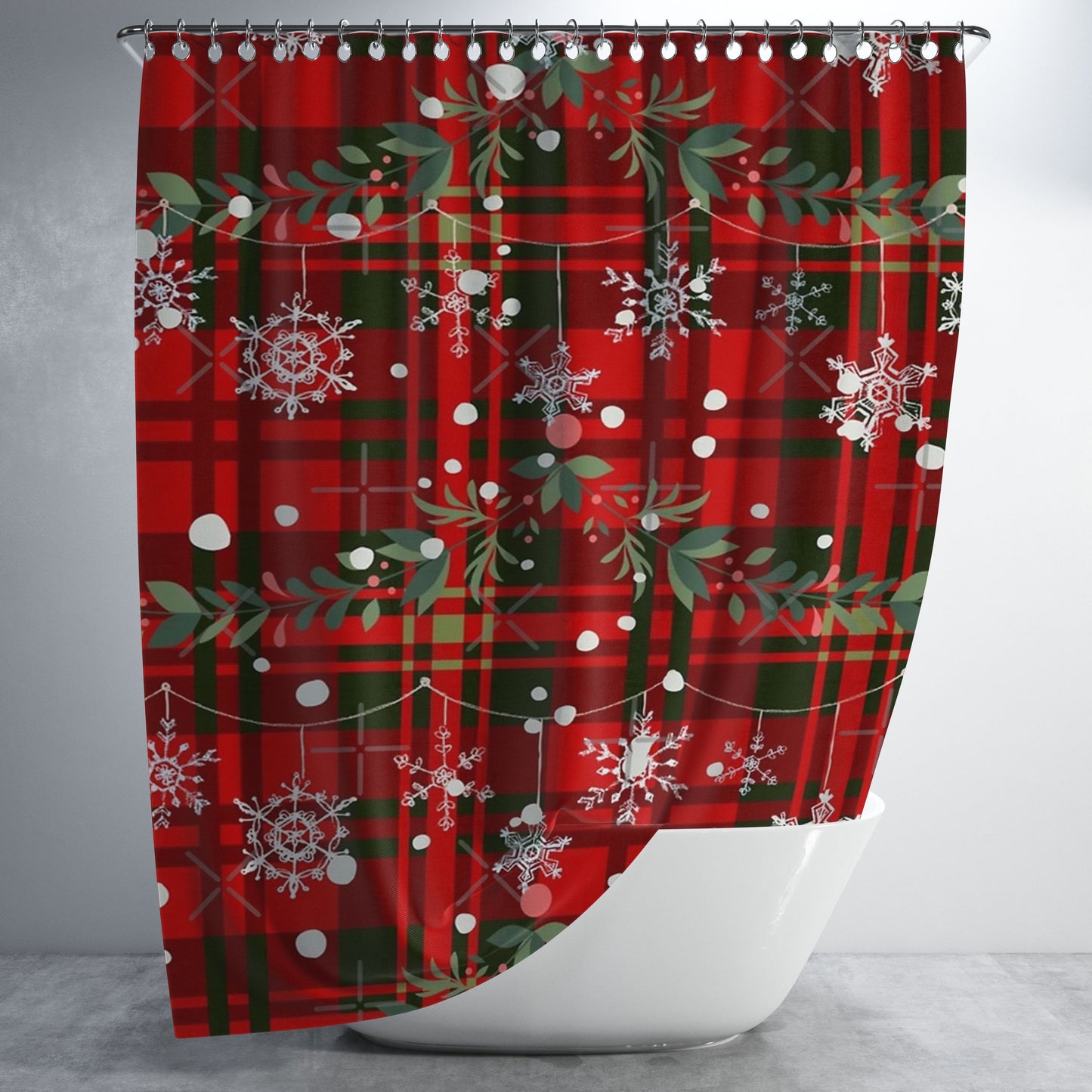Christmas Snowflake Tartan Bathroom Shower Curtain Fabric Waterproof | 66 X 72 Inch