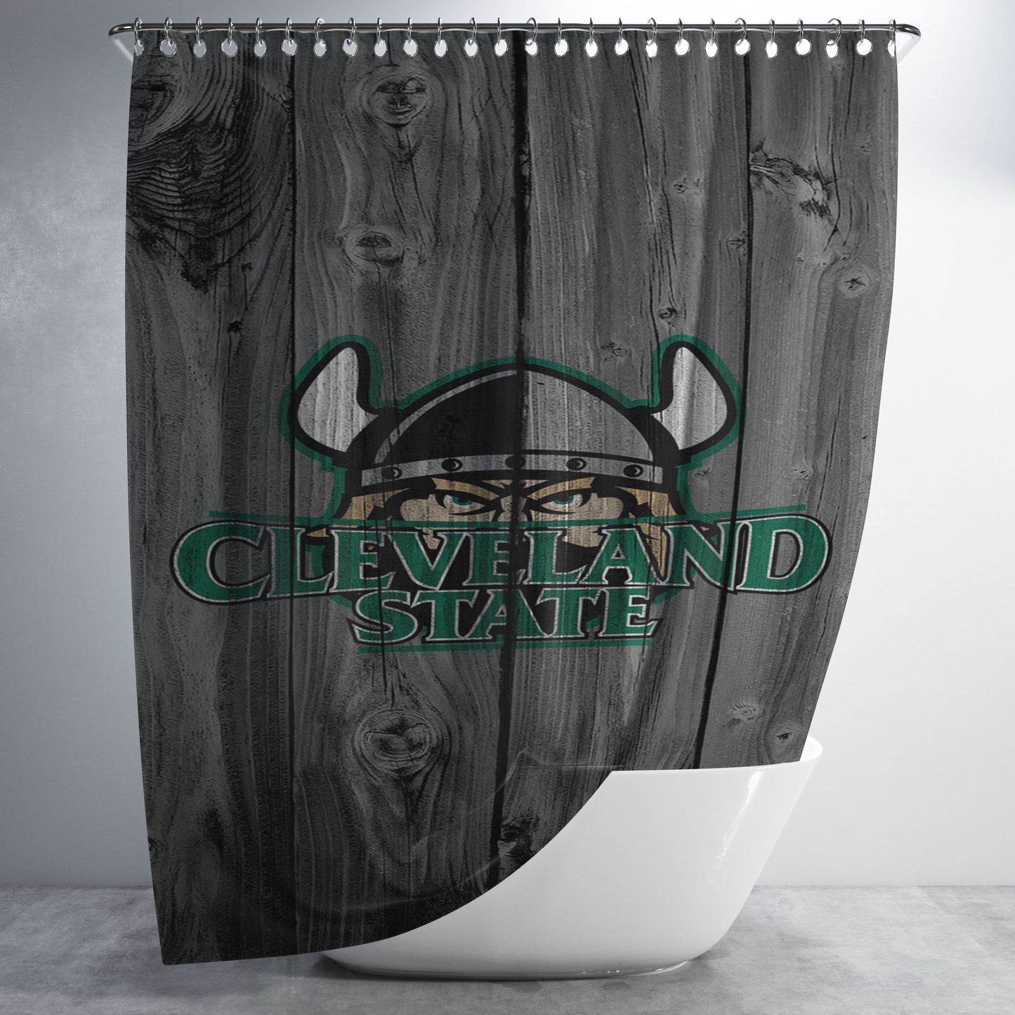 Cleveland State University Mascot Logo Dark Wood Wallpaper Bathroom Shower Curtain Fabric Waterproof | 66 X 72 Inch