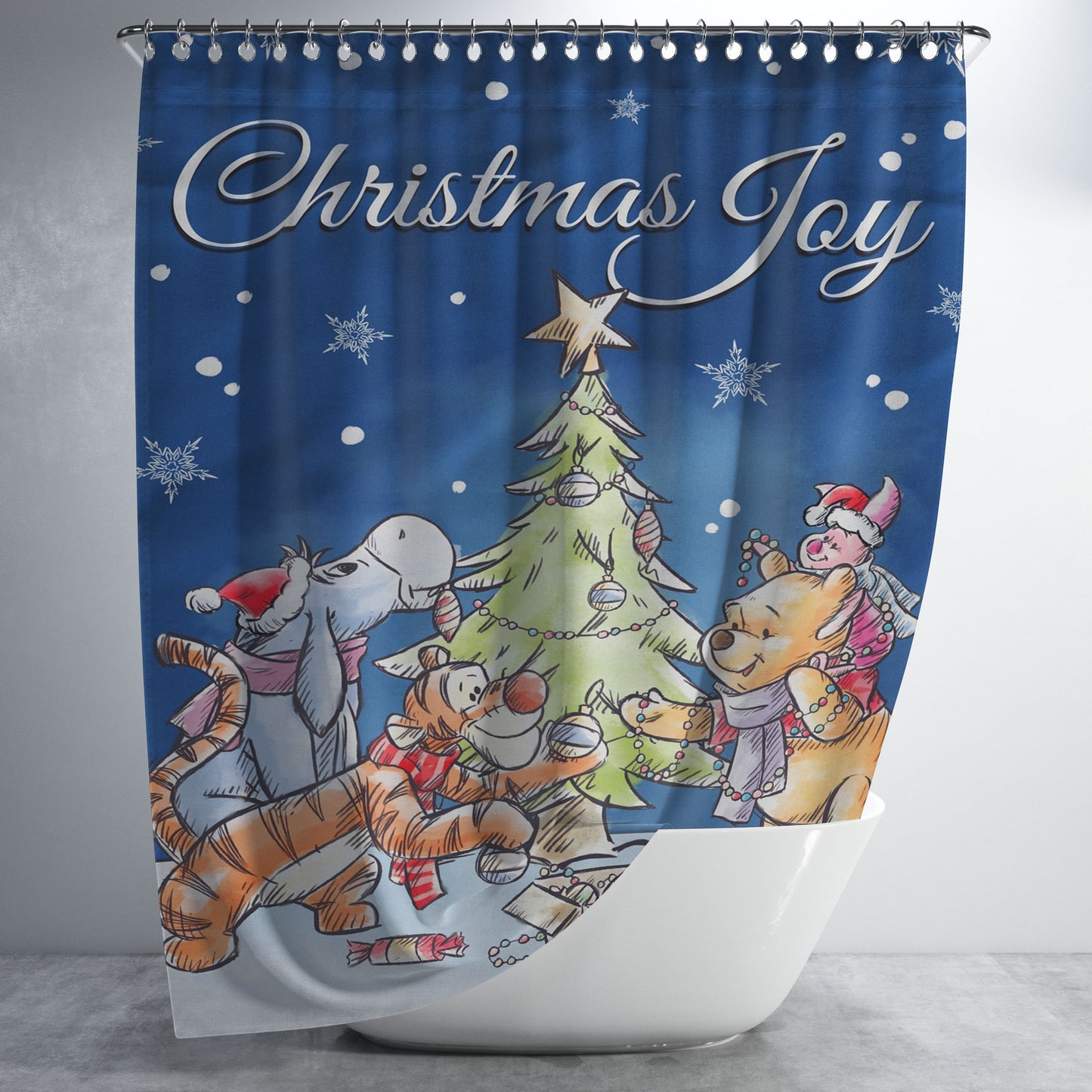 Disney Christmas Winnie The Pooh Bathroom Shower Curtain Fabric Waterproof | 66 X 72 Inch