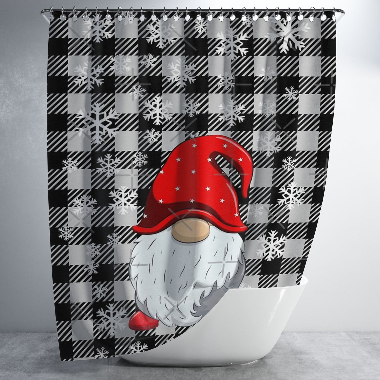 Gnomes Gray Buffalo Plaid Christmas Snowflakes Bathroom Shower Curtain Fabric Waterproof | 66 X 72 Inch