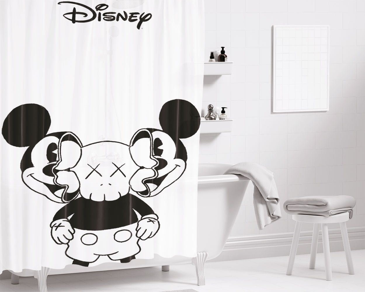 Mickey Mouse X Kaws Siluet Bw Bathroom Shower Curtain Fabric Waterproof | 66 X 72 Inch