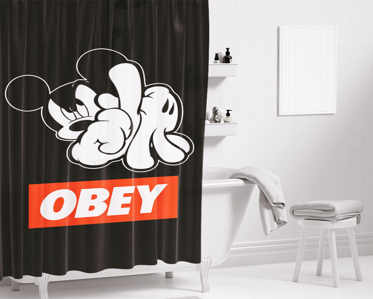 Obey Mickey Mouse Bathroom Shower Curtain Fabric Waterproof | 66 X 72 Inch