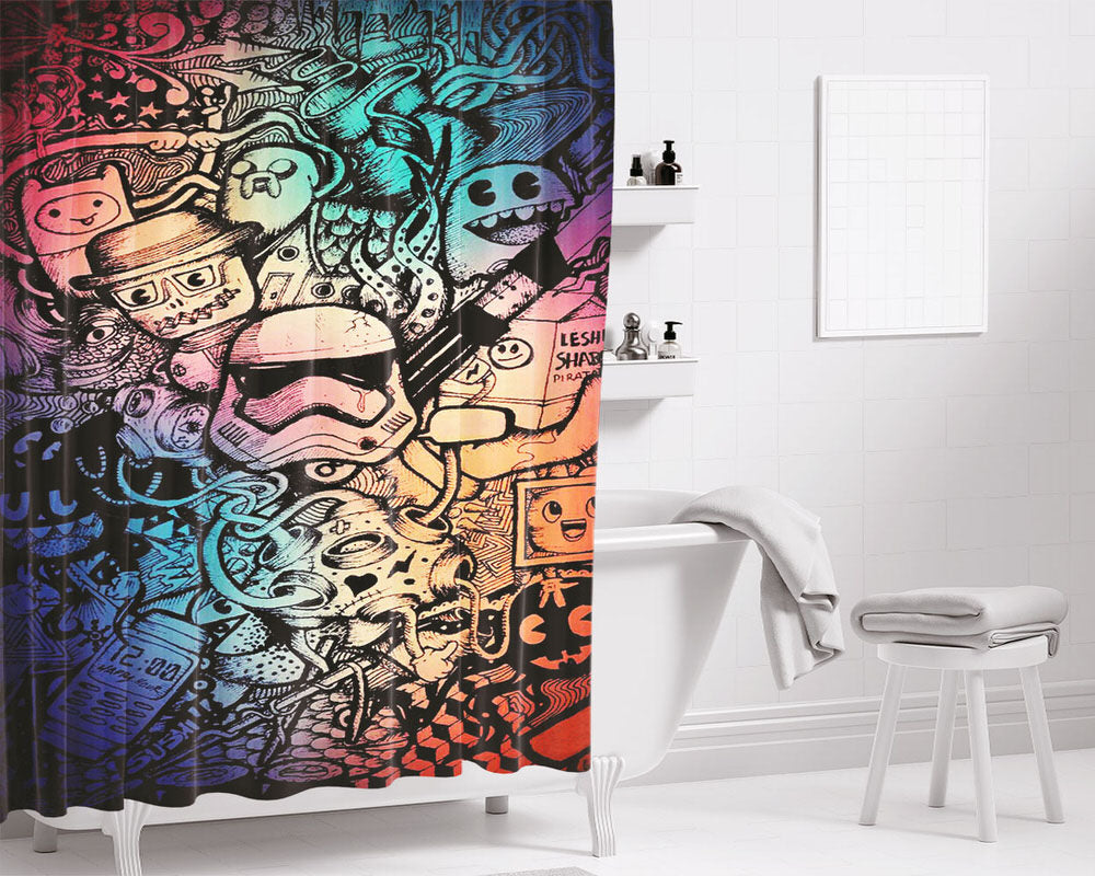 Adventur Time X Starwas Doodell Art Bolpein Bathroom Shower Curtain Fabric Waterproof | 66 X 72 Inch