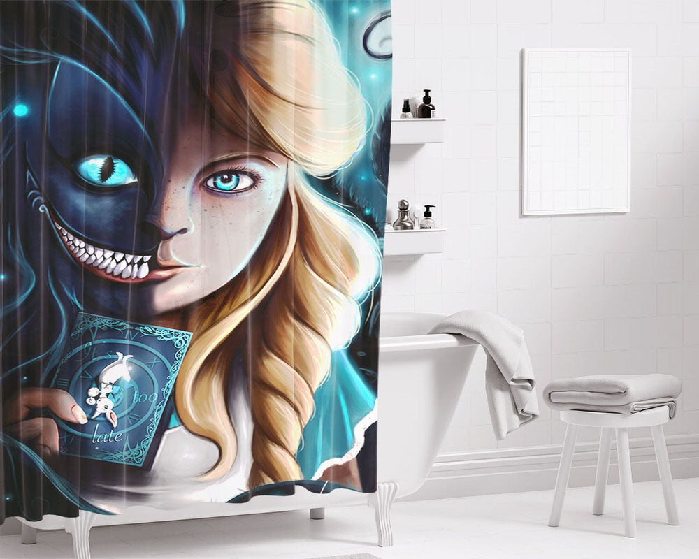 Alice And Cheshire Cat Art Bathroom Shower Curtain Fabric Waterproof | 66 X 72 Inch