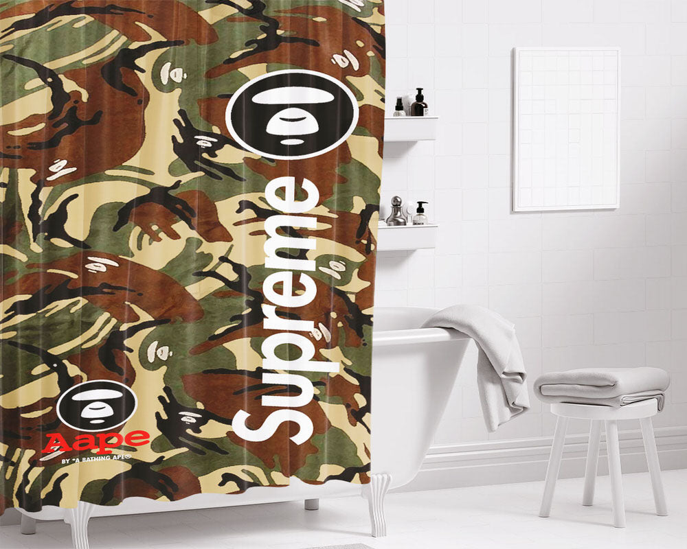 Bape Camo Shark Face Logo Green 2 Bathroom Shower Curtain Fabric Waterproof | 66 X 72 Inch