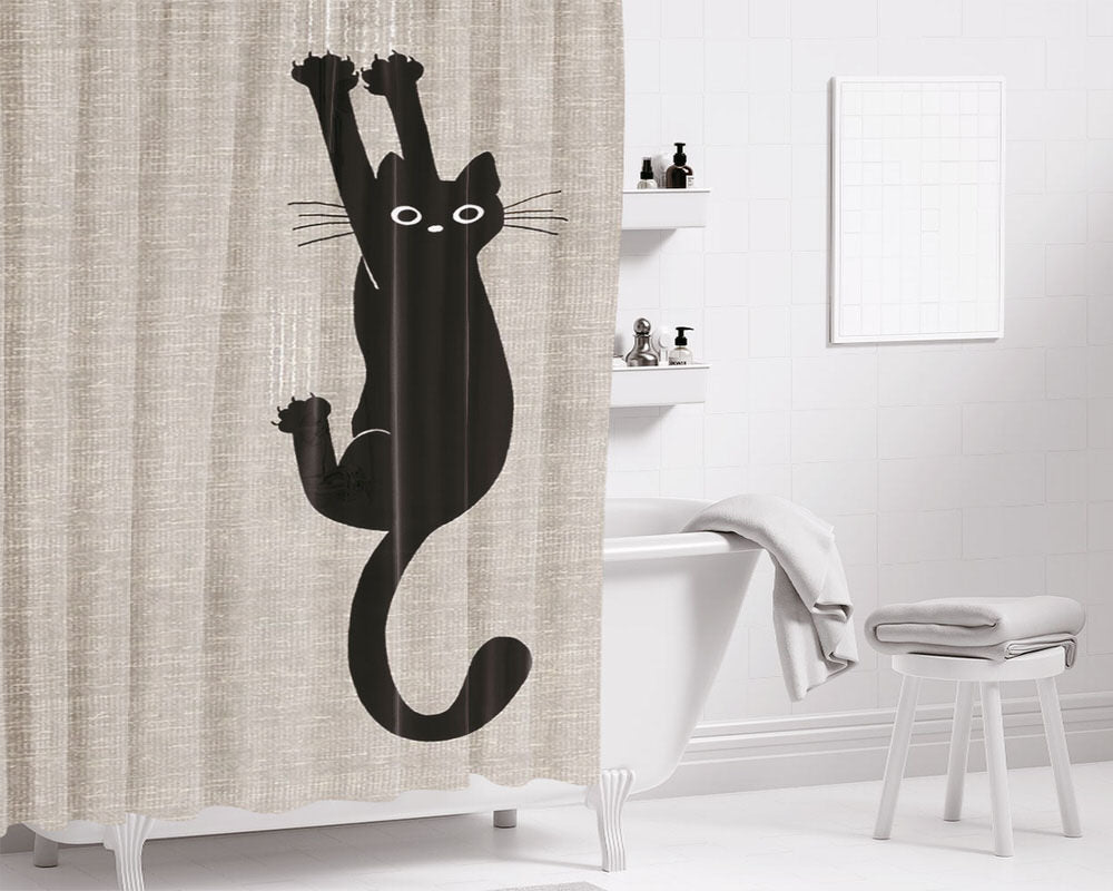 Black Cat Holding On Bathroom Shower Curtain Fabric Waterproof | 66 X 72 Inch