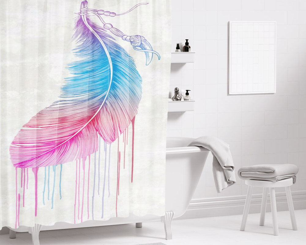 Blue And Pink Feather Bathroom Shower Curtain Fabric Waterproof | 66 X 72 Inch