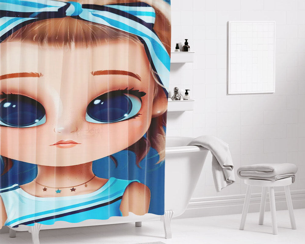 Blue Girl Big Eyes Bathroom Shower Curtain Fabric Waterproof | 66 X 72 Inch
