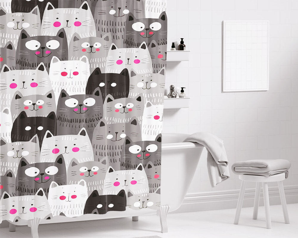 Cat Cute Doodle Gray Art Bathroom Shower Curtain Fabric Waterproof | 66 X 72 Inch