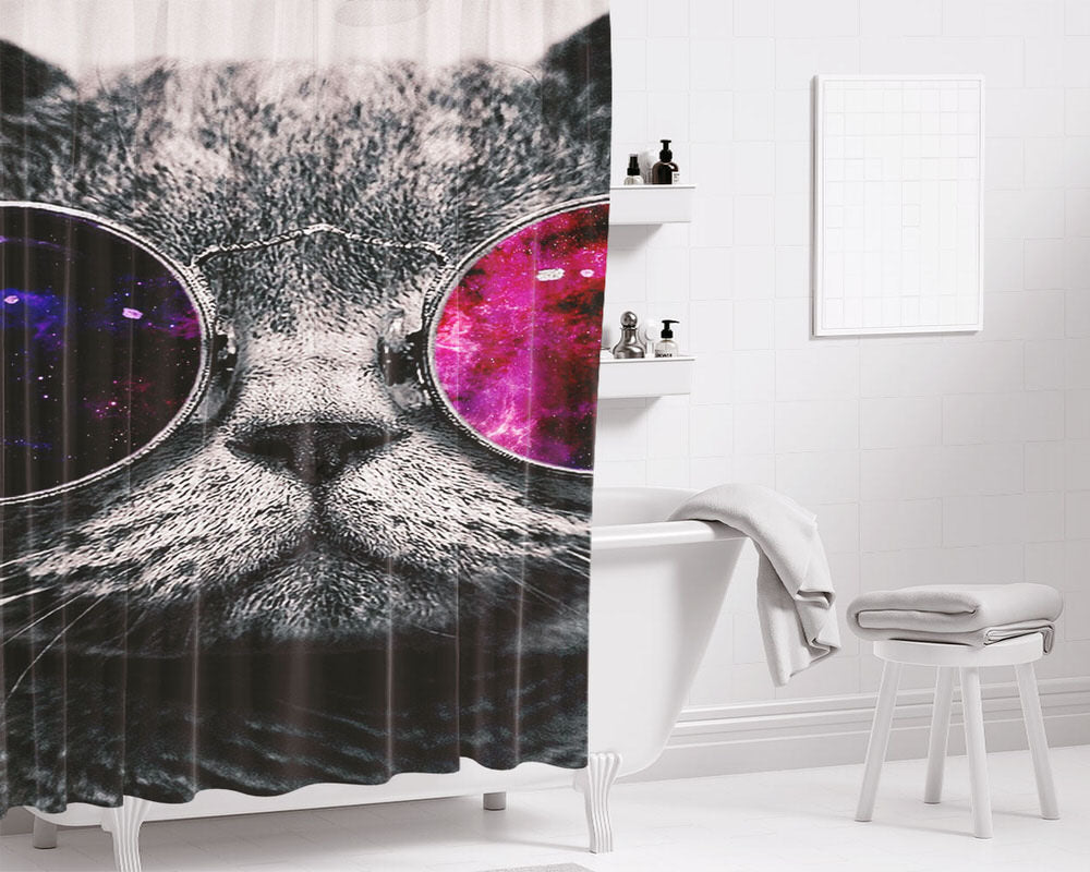 Cat Face Glasses Bathroom Shower Curtain Fabric Waterproof | 66 X 72 Inch