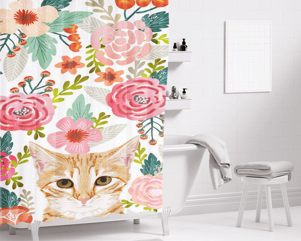 Cat Floral Cute Bathroom Shower Curtain Fabric Waterproof | 66 X 72 Inch