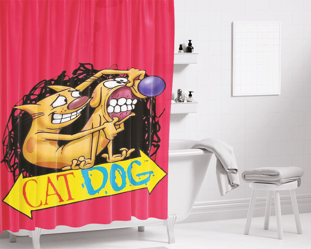 Catdog Red Bathroom Shower Curtain Fabric Waterproof | 66 X 72 Inch