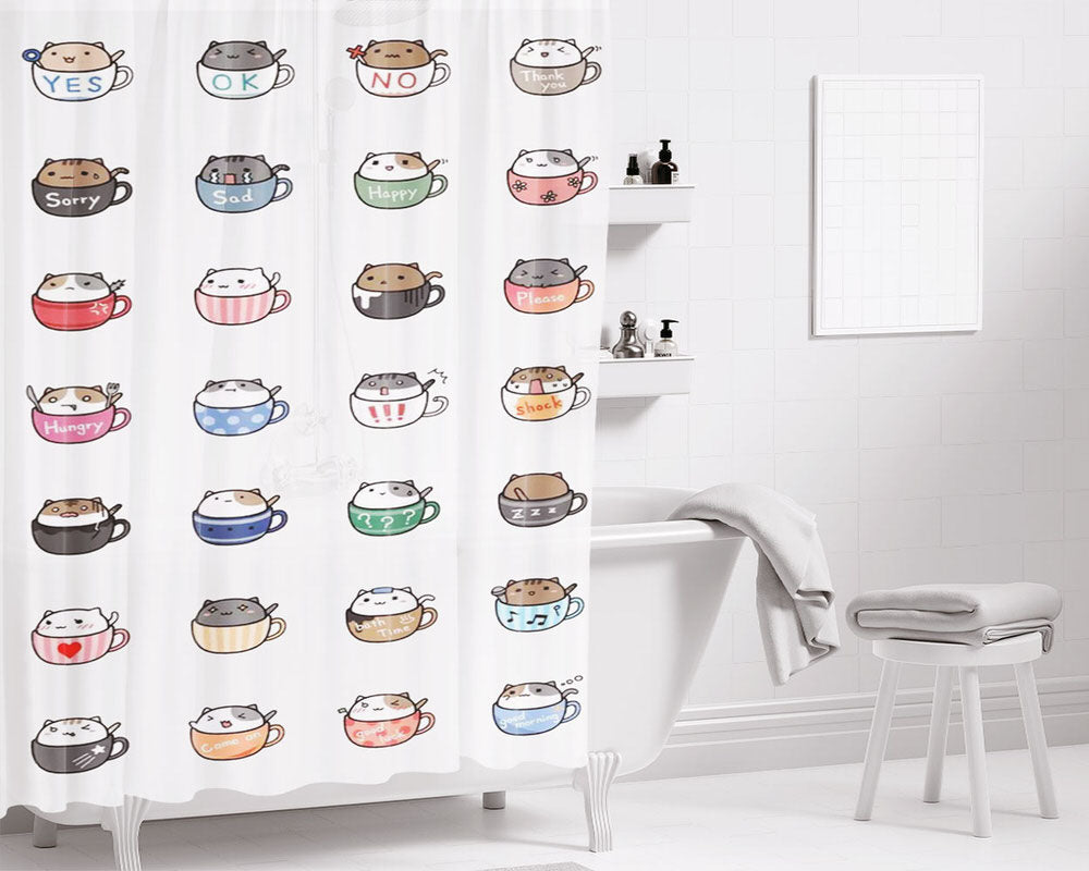 Cats In Cups Drawing Bathroom Shower Curtain Fabric Waterproof | 66 X 72 Inch