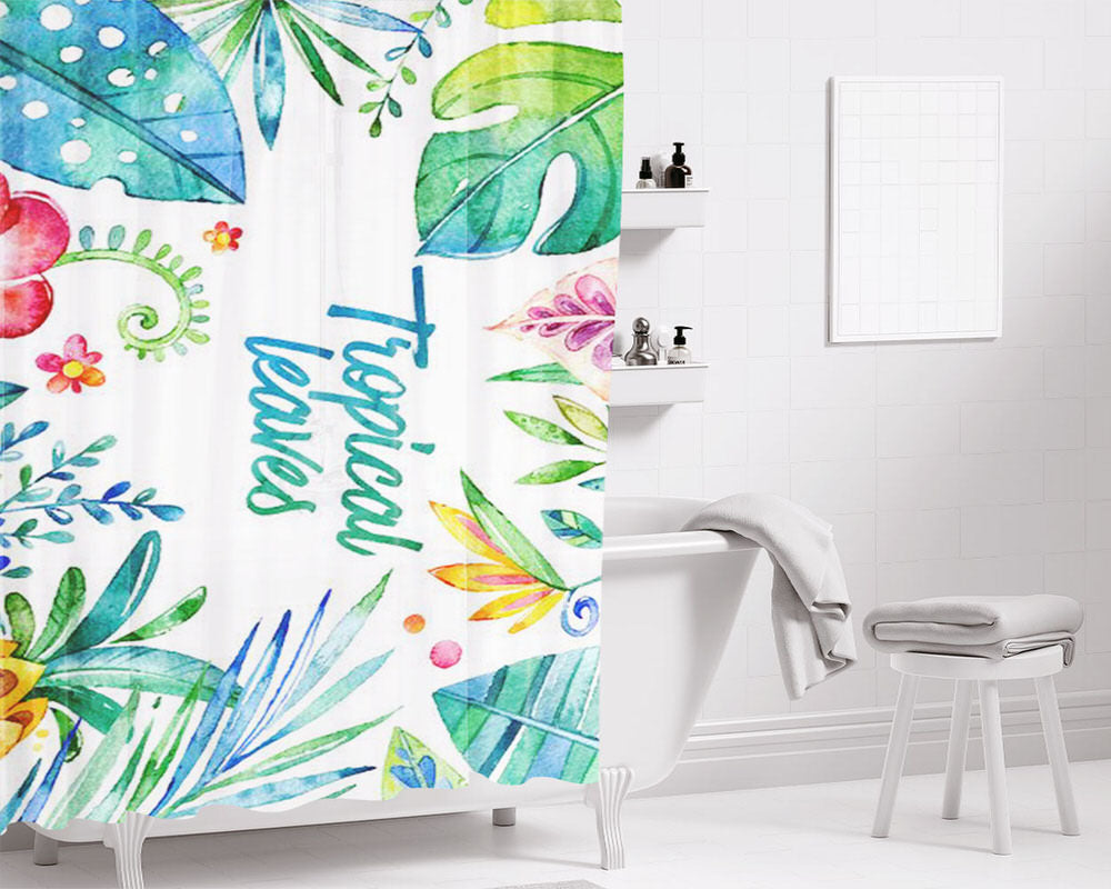 Flor Hojas Tropicales Acuarela Bathroom Shower Curtain Fabric Waterproof | 66 X 72 Inch