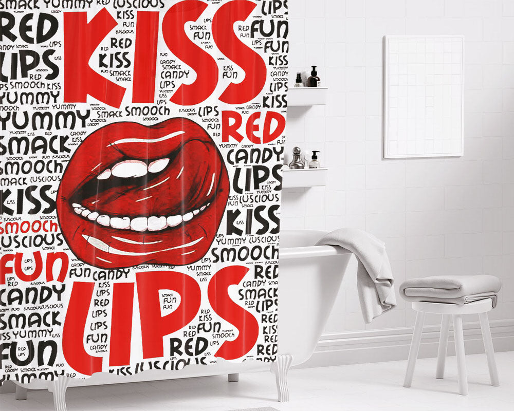 Girl Red Kiss Lips Bathroom Shower Curtain Fabric Waterproof | 66 X 72 Inch