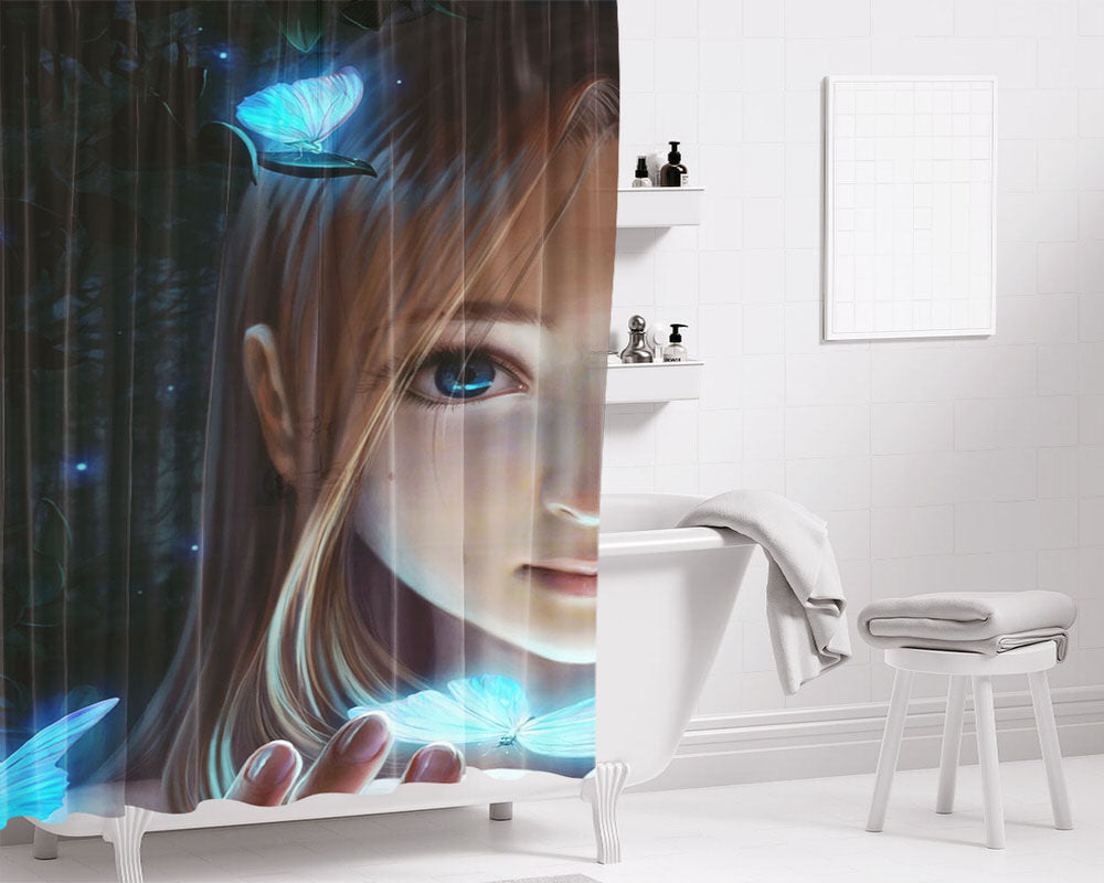 Girls And Butterfly Night Blues Bathroom Shower Curtain Fabric Waterproof | 66 X 72 Inch