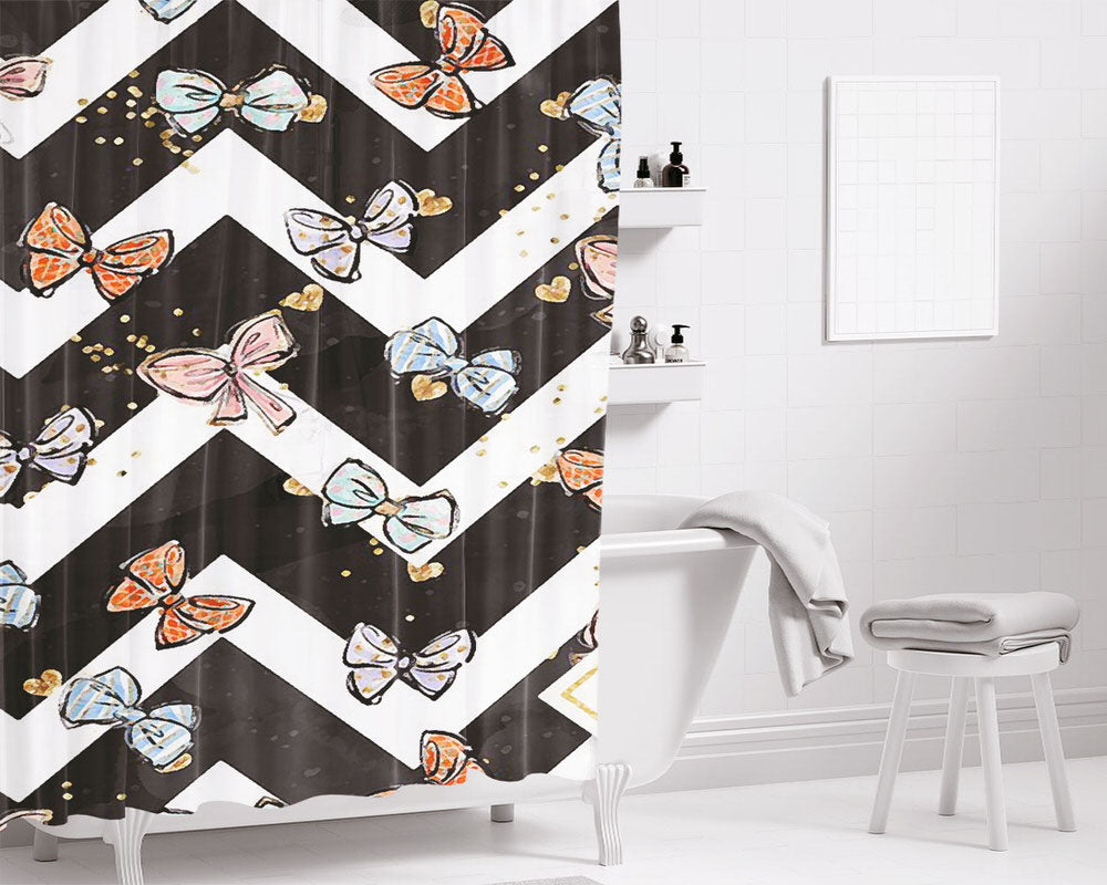 Glitter Ribbon Bathroom Shower Curtain Fabric Waterproof | 66 X 72 Inch