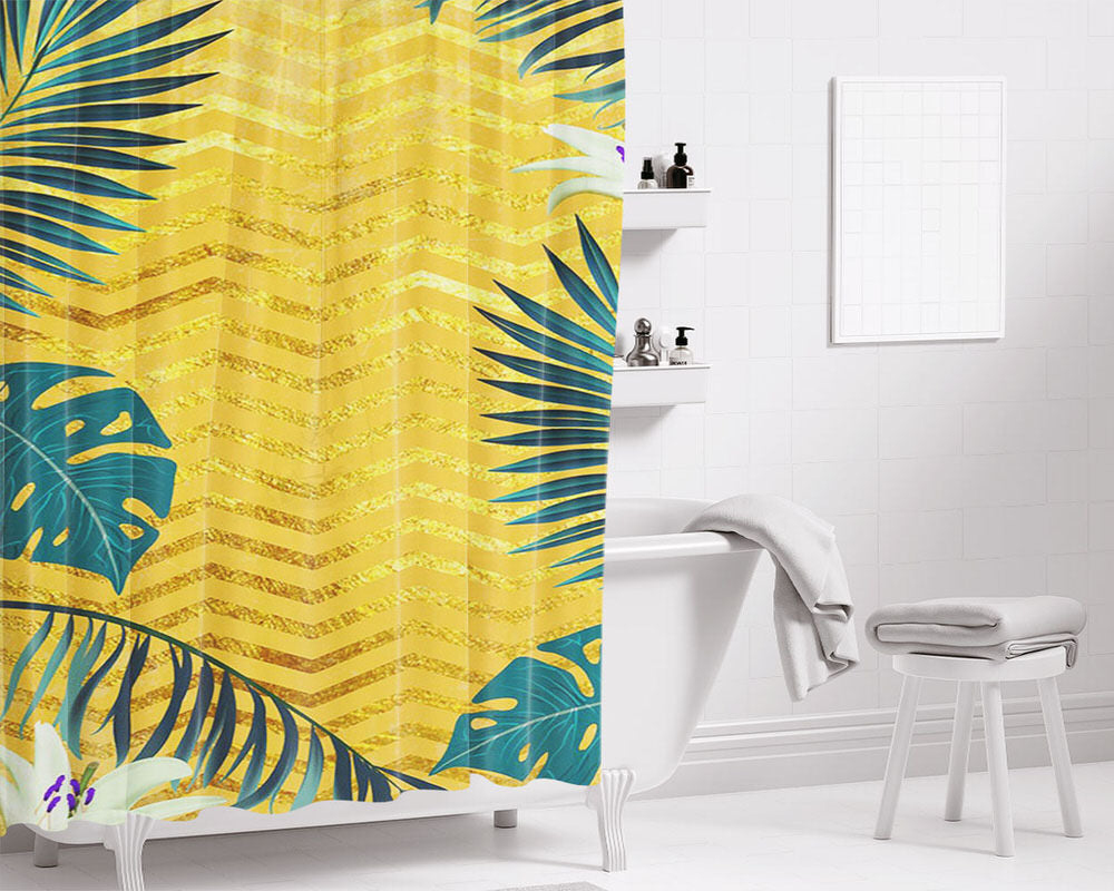 Gold Glitter Chevron X Tropical Forest Bathroom Shower Curtain Fabric Waterproof | 66 X 72 Inch