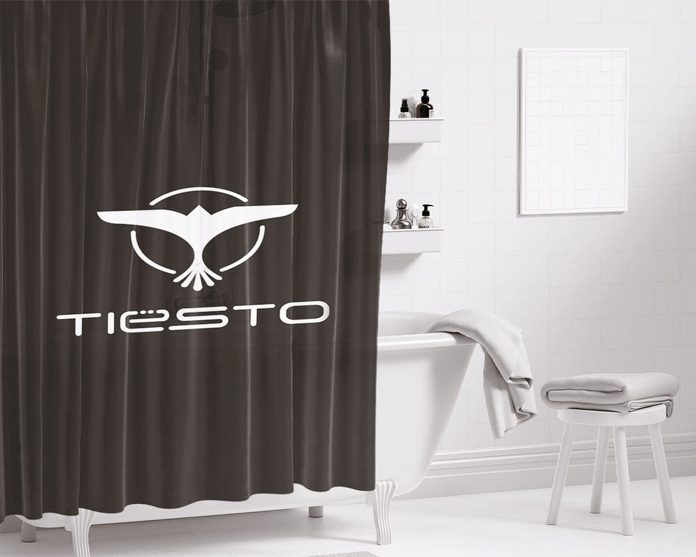 Gray White Tiesto Logo Wallpaper Bathroom Shower Curtain Fabric Waterproof | 66 X 72 Inch
