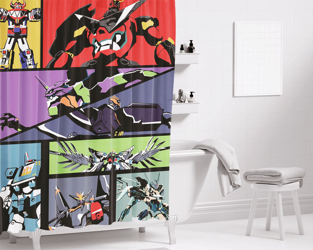 Gundam All Super Robots Bathroom Shower Curtain Fabric Waterproof | 66 X 72 Inch