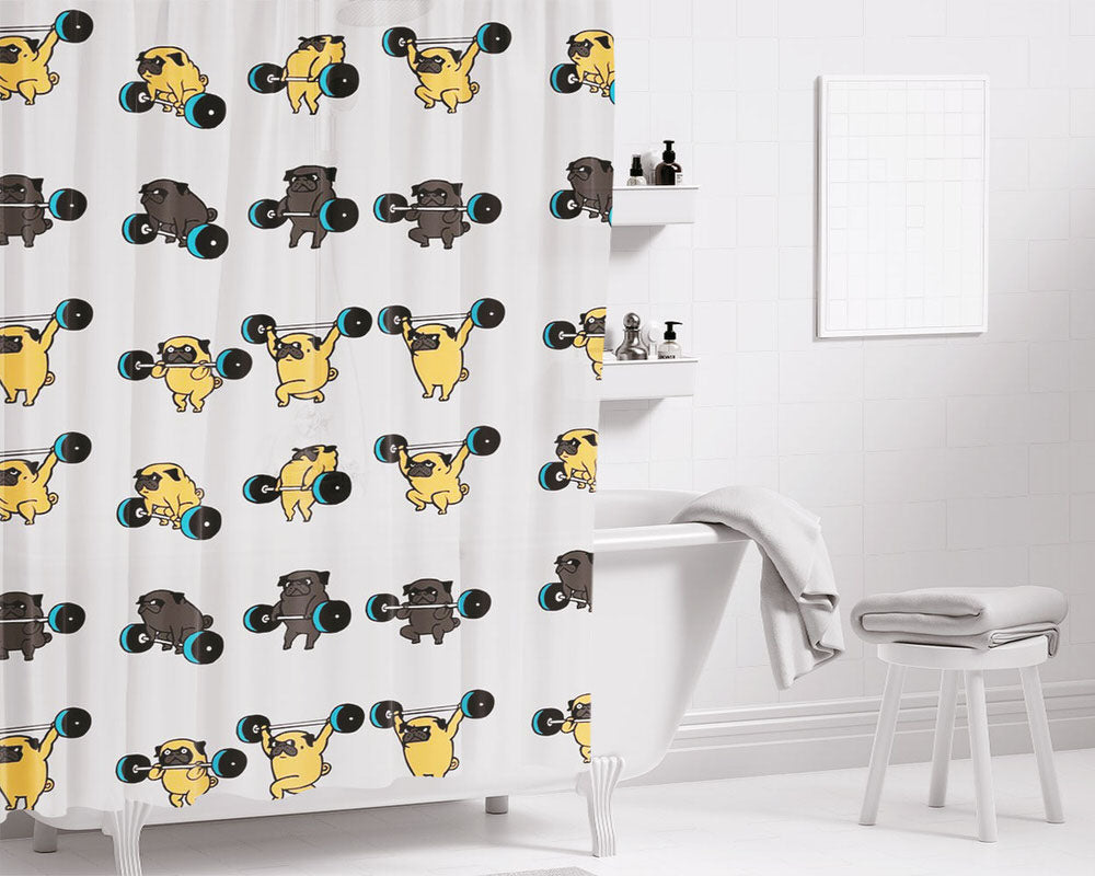 Gym Olympic Lifting Pugs Bathroom Shower Curtain Fabric Waterproof | 66 X 72 Inch