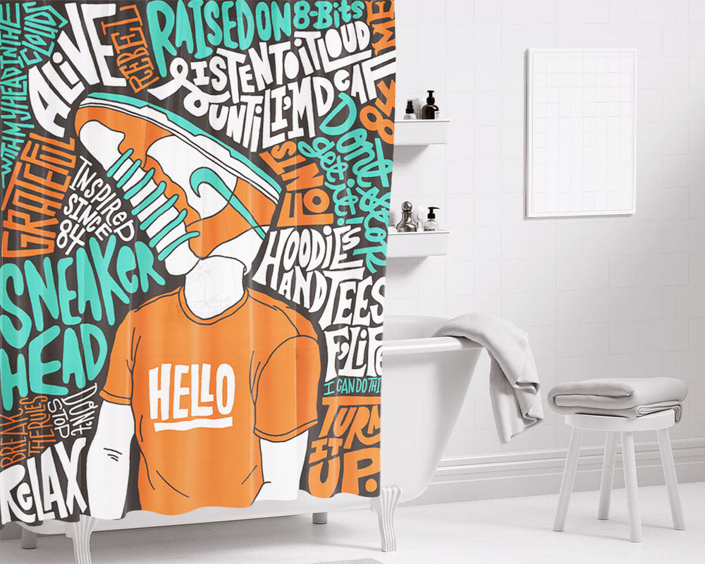 Hello Doodle Sneaker Bathroom Shower Curtain Fabric Waterproof | 66 X 72 Inch