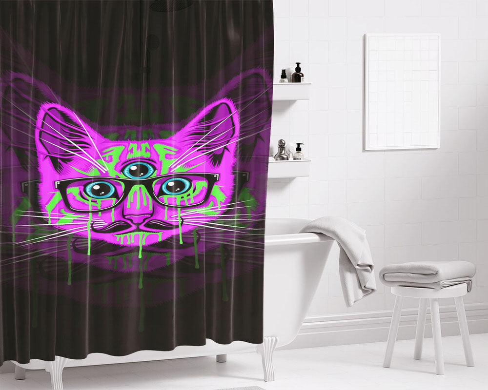 Hipster Cat Bathroom Shower Curtain Fabric Waterproof | 66 X 72 Inch