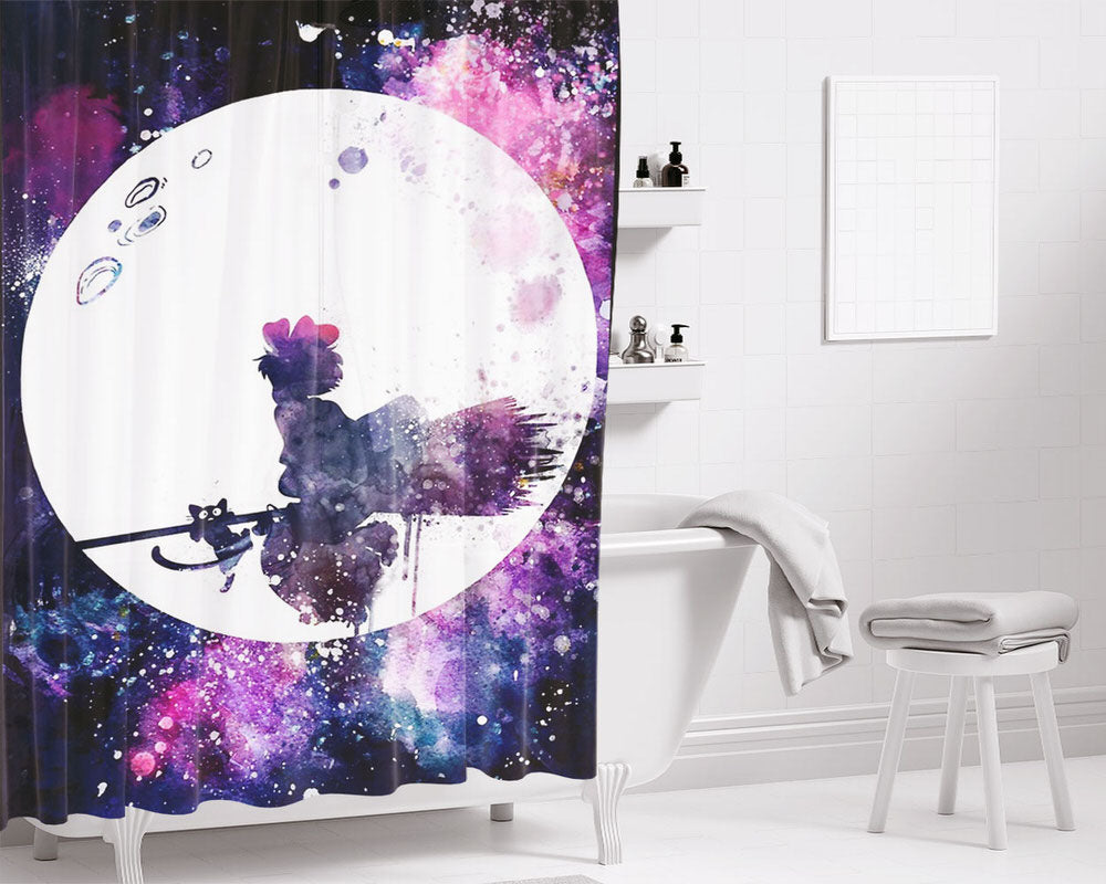 Little Witch Flying Over Moon Bathroom Shower Curtain Fabric Waterproof | 66 X 72 Inch