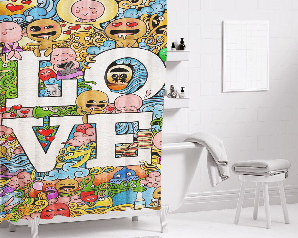 Love Doodle Art Bathroom Shower Curtain Fabric Waterproof | 66 X 72 Inch