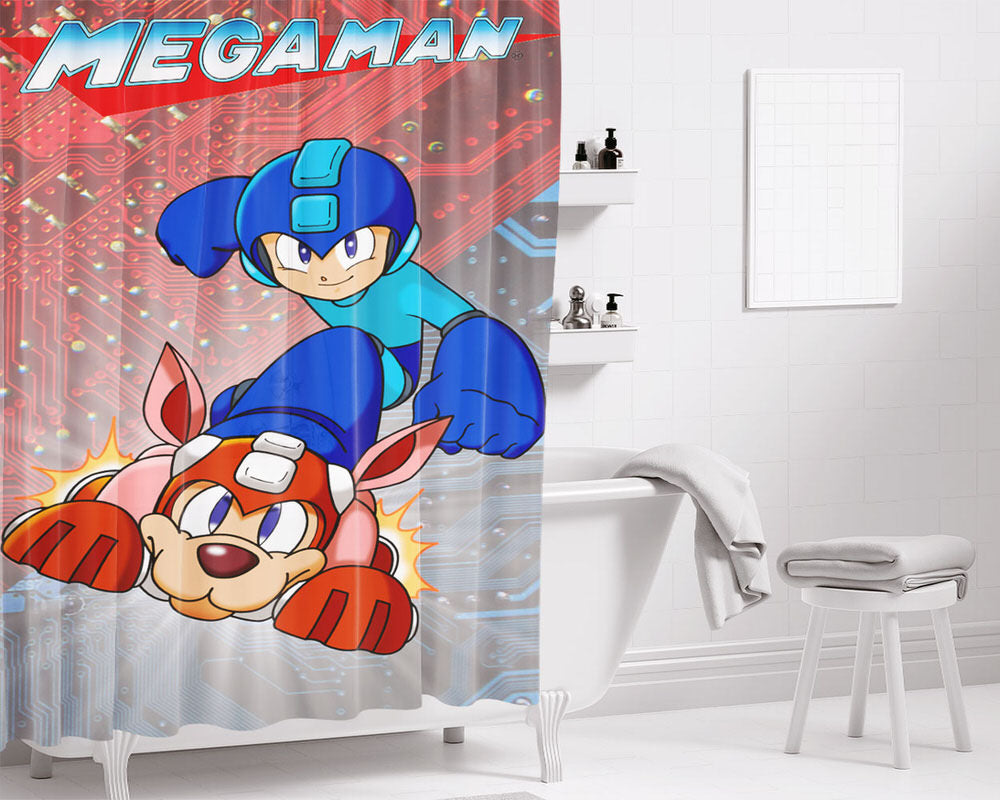 Mega Man & Rush Bathroom Shower Curtain Fabric Waterproof | 66 X 72 Inch