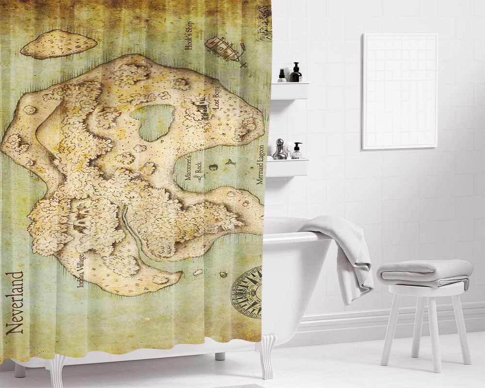 Neverland Old Map Bathroom Shower Curtain Fabric Waterproof | 66 X 72 Inch