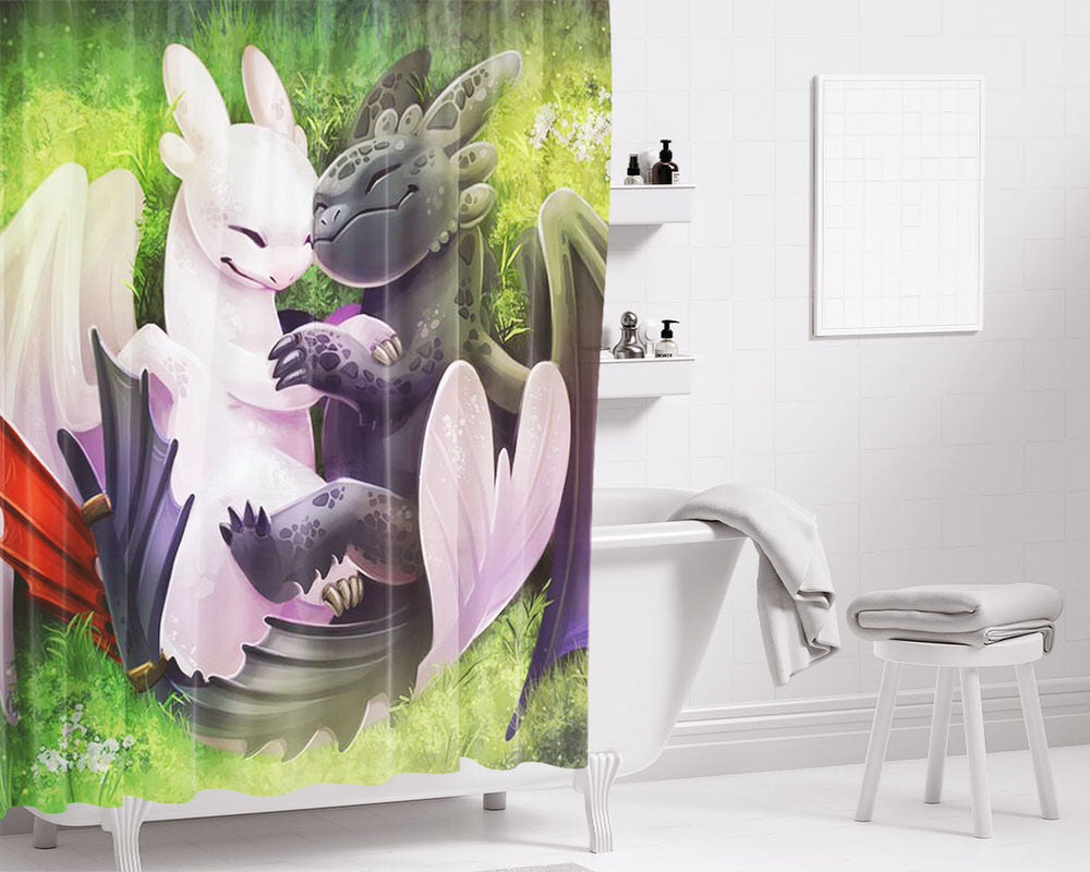 Night Fury And Light Fury Lovely Hugging Bathroom Shower Curtain Fabric Waterproof | 66 X 72 Inch
