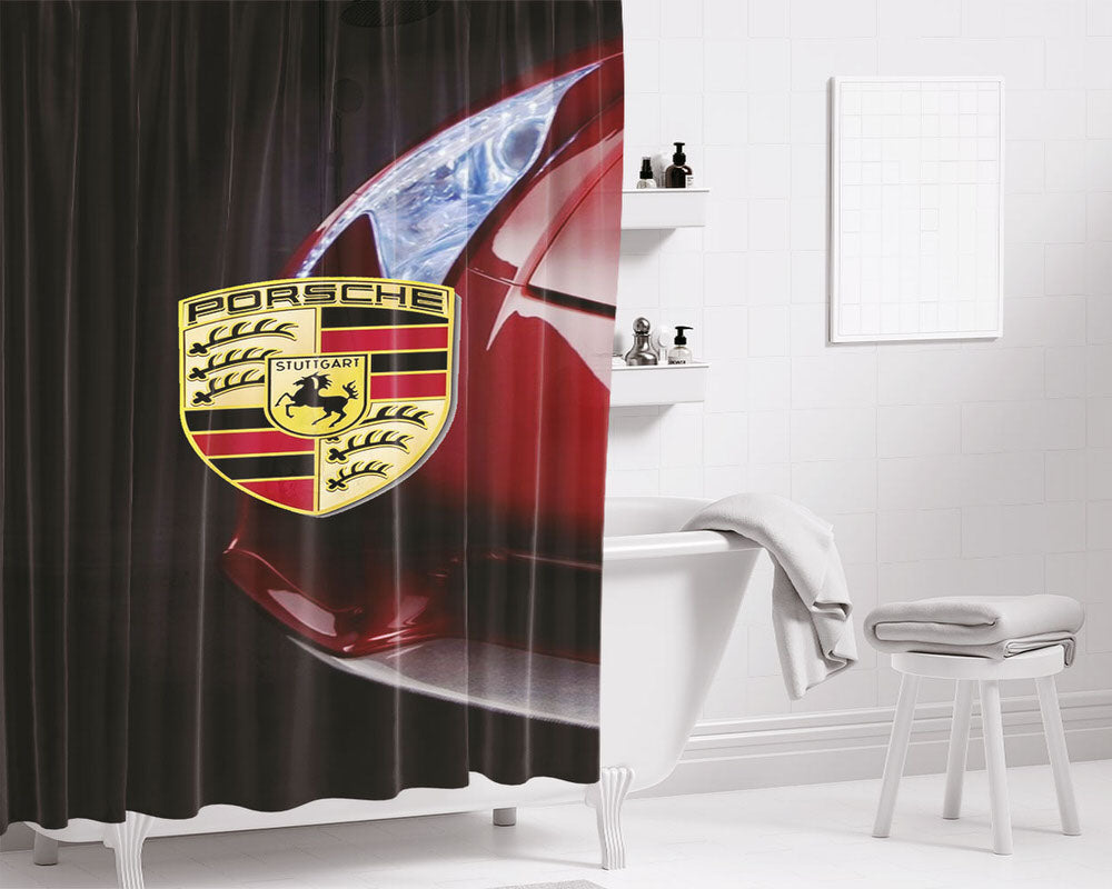 Porsche Black Rain Logo Bathroom Shower Curtain Fabric Waterproof | 66 X 72 Inch