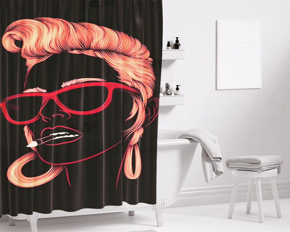 Silhouette Of Women Glasses And Pink Hair Bathroom Shower Curtain Fabric Waterproof | 66 X 72 Inch