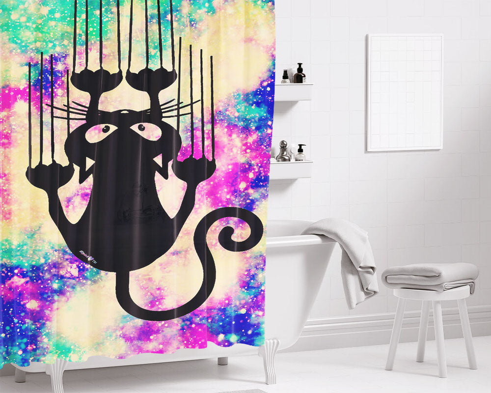 Stratching Cat Nebula Bathroom Shower Curtain Fabric Waterproof | 66 X 72 Inch