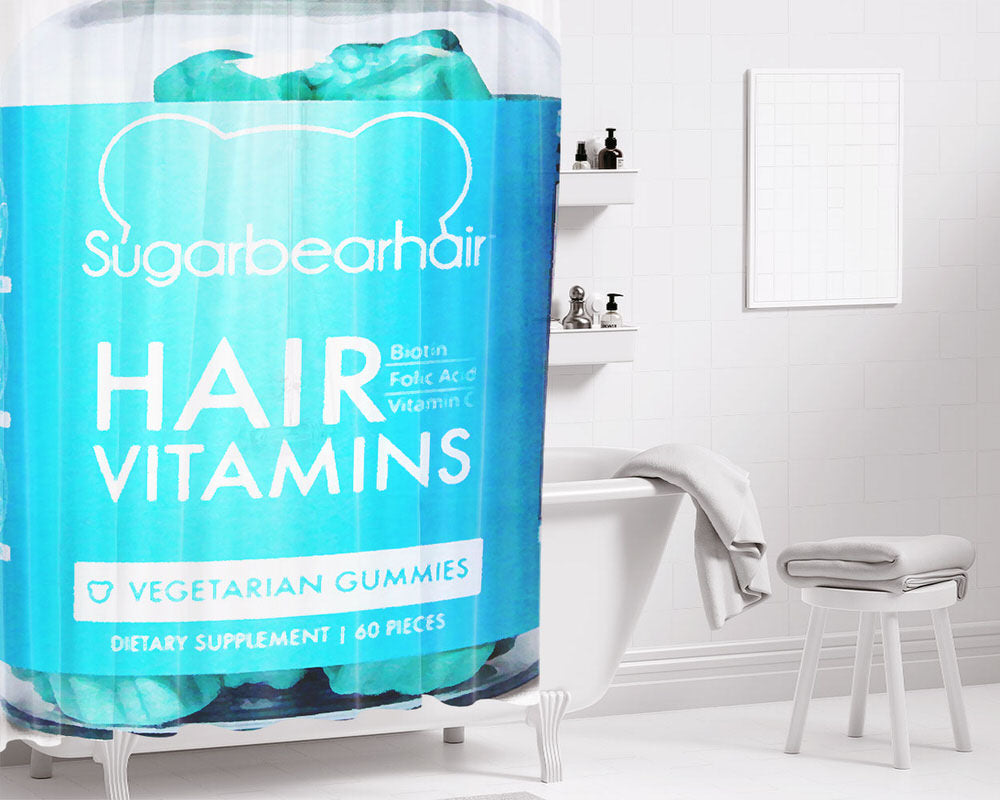 Sugarbear Hair Vitamins Blue Bathroom Shower Curtain Fabric Waterproof | 66 X 72 Inch
